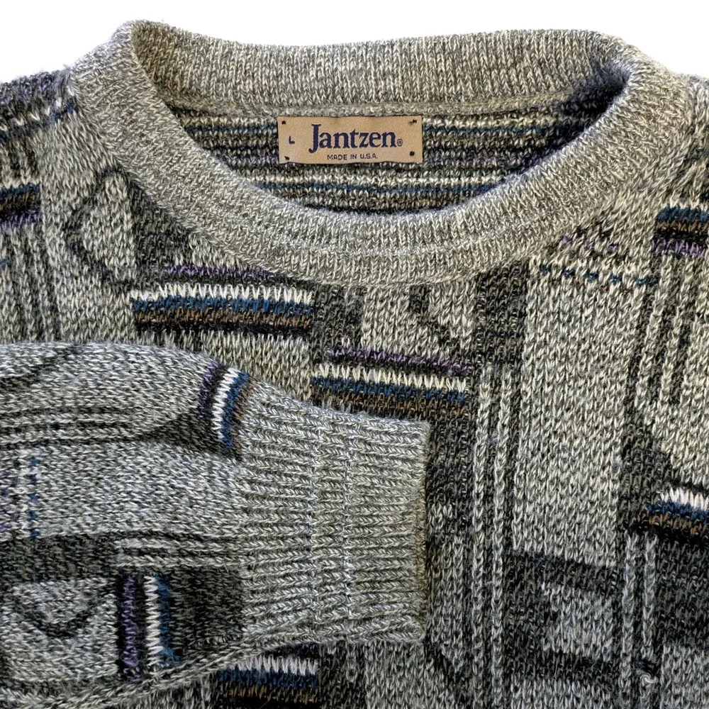Vintage Jantzen Mens Large Geometric Abstract Knit Sweater Grey Made in USA